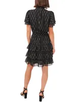 Msk Printed Tiered Smocked-Waist Flutter-Sleeve Dress