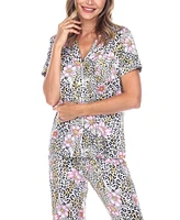 White Mark Women's Short Sleeve Pants Tropical Pajama Set, 2-Piece