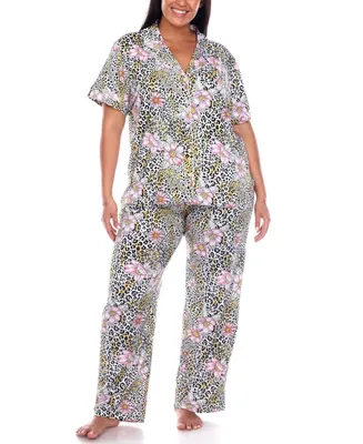 White Mark Plus Short Sleeve Pants Tropical Pajama Set, 2-Piece