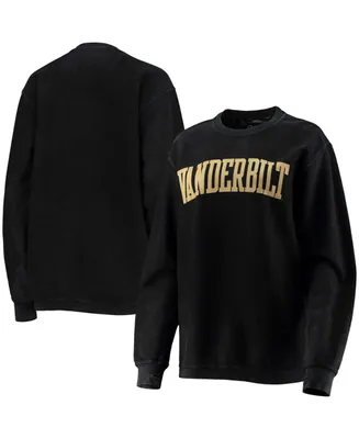 Women's Black Vanderbilt Commodores Comfy Cord Vintage-Like Wash Basic Arch Pullover Sweatshirt