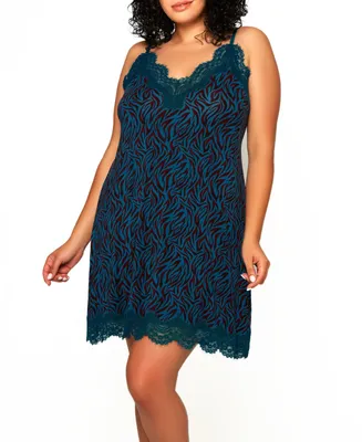 Plus Size Zebra Print Jersey Knit Chemise with Lace Trims and Adjustable Straps
