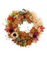 30" Harvest Autumn Sunflower, Maple Leaves and Berries Artificial Fall Wreath with Decorative Bows