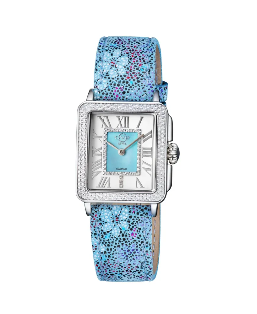 GV2 Women's Padova Floral Blue Leather Swiss Quartz Strap Watch 30 mm - Silver