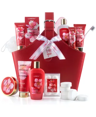 Lovery Body Care Gift Set, Japanese Cherry Blossom Home Spa Tote Bag Gift Set, 25 Piece