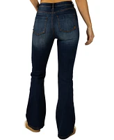 Indigo Rein Juniors' High-Rise Exposed-Button Flare-Leg Denim Jeans