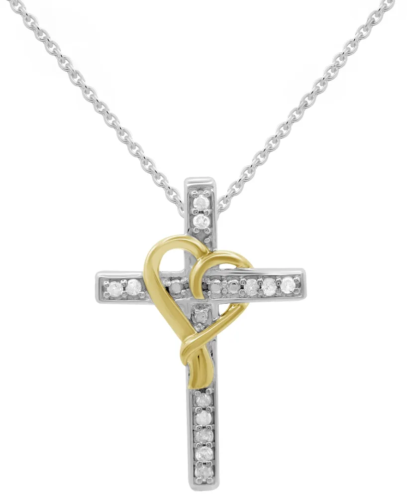 Diamond Cross & Heart 18" Pendant Necklace (1/10 ct. t.w.) in Sterling Silver & 14k Gold-Plate - Sterling Silver  Gold