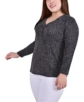 Plus Size Long Sleeve Ribbed Henley