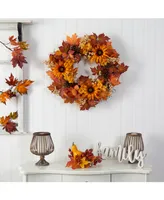 28" Autumn Maple Leaves, Sunflower, White Berries and Pinecones Artificial Fall Wreath