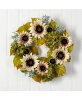 24" White Sunflower and Hydrangea Artificial Autumn Wreath