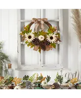 20" Autumn Sunflower, White Pumpkin and Dried Lotus Pod Artificial Fall Wreath with Decorative Bow