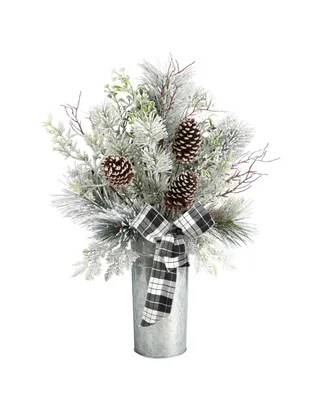 Frosted Greenery and Pinecone with Plaid Bow Artificial Christmas Arrangement in Decorative Tin, 28" - Silver