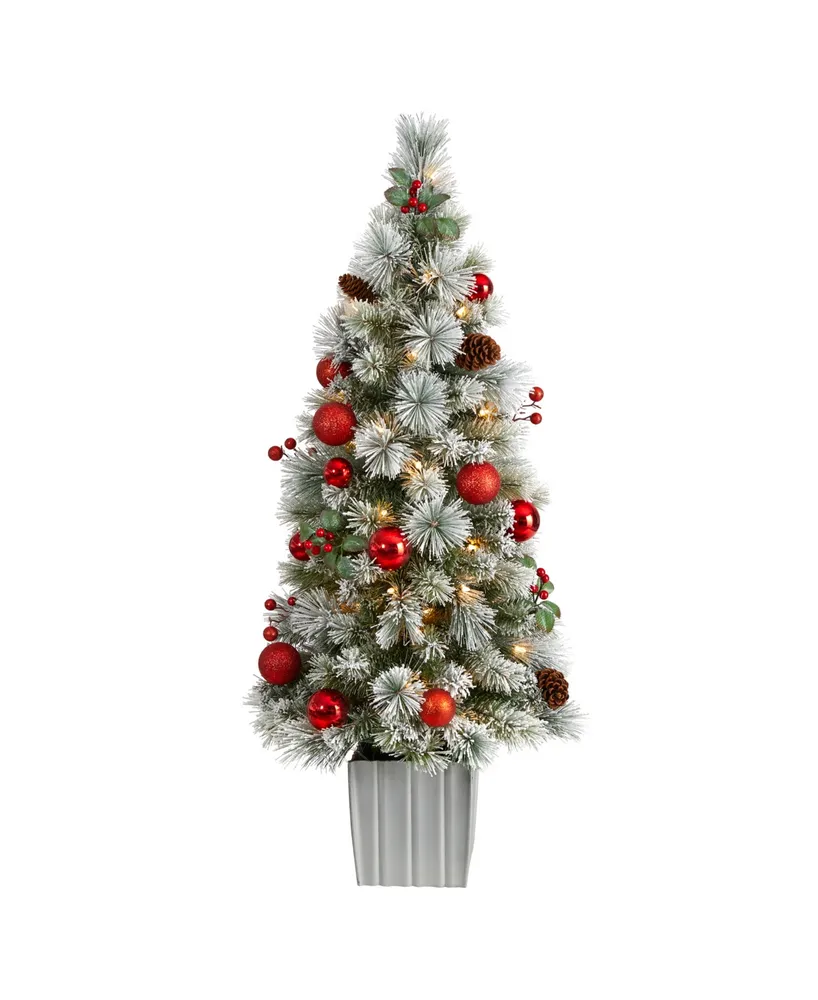 Winter Flocked Artificial Christmas Tree Pre-Lit with 50 Led Lights and Ornaments in Decorative Planter, 4'