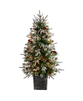 Frosted Artificial Christmas Tree Pre-Lit with 105 Led Lights and Berries in Decorative Planter, 4'