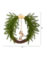 Holiday Christmas Pine and Hanging Bells Wreath, 24"