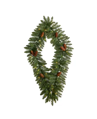 Holiday Christmas Geometric Diamond Wreath with Pinecones and 50 Warm Led Lights, 3'