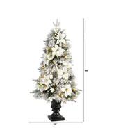 Flocked Artificial Christmas Tree with 223 Bendable Branches and 100 Warm Lights in Decorative Urn, 4'