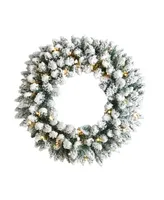 Flocked Artificial Christmas Wreath with 160 Bendable Branches and 35 Warm Led Lights, 24"