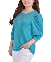 Petite Elbow Sleeve Crepe Studded Front Top