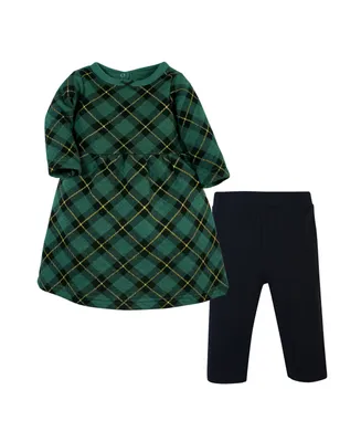 Hudson Baby Girls Quilted Cotton Dress and Leggings, Forest Green Plaid