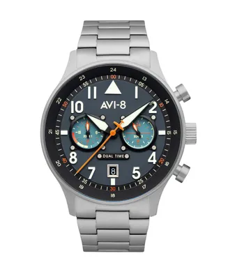 Avi-8 Men's Hawker Hurricane Carey Dual Time Gutersloh Silver-Tone Solid Stainless Steel Bracelet Watch 43mm - Silver