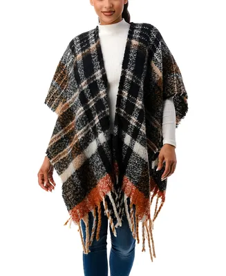 Marcus Adler Women's Plaid Cape Sweater with Fringe Detail