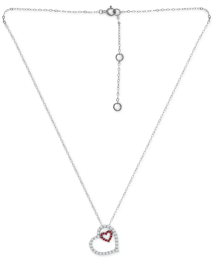 Giani Bernini Lab-Grown Ruby & Cubic Zirconia Heart-in-Heart Pendant Necklace in Sterling Silver, 16" + 2" extender, Created for Macy's