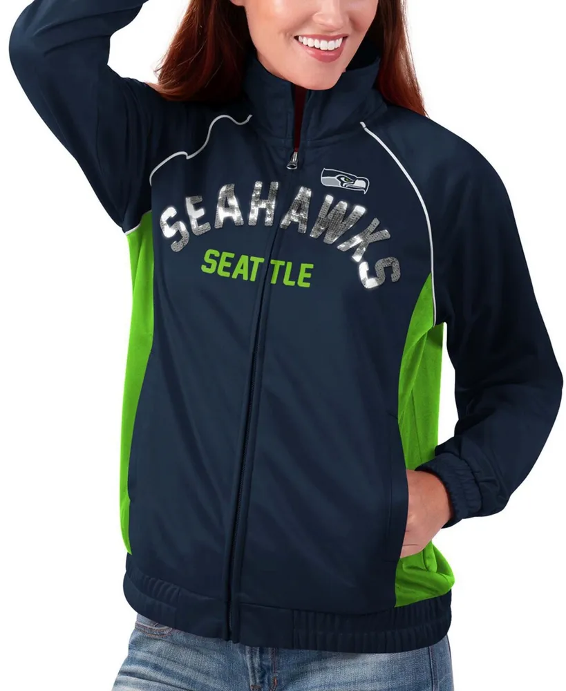 Women's College Navy and Neon Green Seattle Seahawks Backfield Raglan Full-Zip Track Jacket