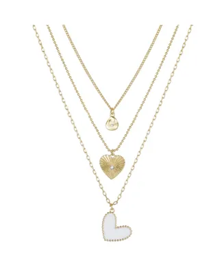 14K Gold Flash-Plated 3-Pieces White Enamel Genuine Crystal Heart Layered Pendants Set