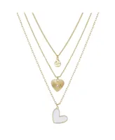 14K Gold Flash-Plated 3-Pieces White Enamel Genuine Crystal Heart Layered Pendants Set