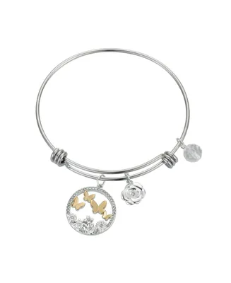Two-Tone Crystal Butterfly Stainless Steel Adjustable Bangle