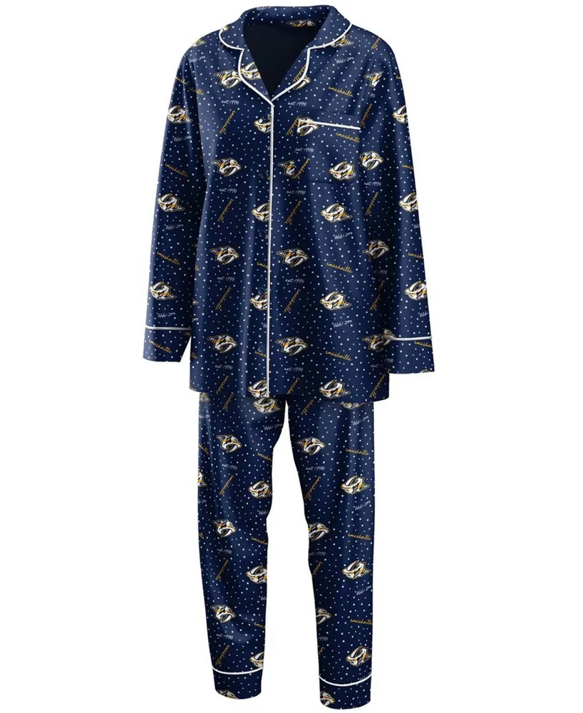 Women's Navy Nashville Predators Long Sleeve Button-Up Shirt Pants Sleep Set