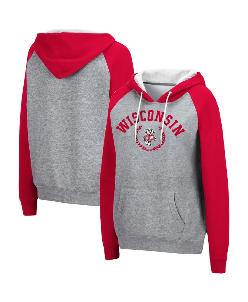 Women's Heather Gray Wisconsin Badgers Contrast Raglan Pullover Hoodie