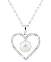 Cultured Freshwater Pearl (7mm) & Diamond (1/7 ct. t.w.) Heart 18" Pendant Necklace in 14k Gold (Also in White Gold)