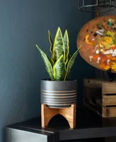 12" Artificial Snake Plant in 4.75" Ceramic Planter on Wood Stand