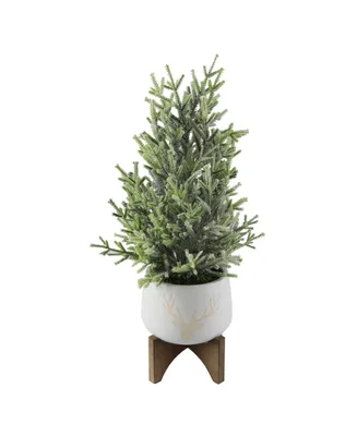 20" Artificial Frosted Christmas Tree in 6" Stag head Ceramic on Wood Stand - White, Green