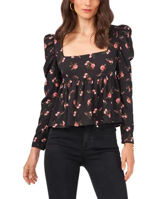 1.state Women's Floral Long-Sleeve Square-Neck Empire Seam Blouse