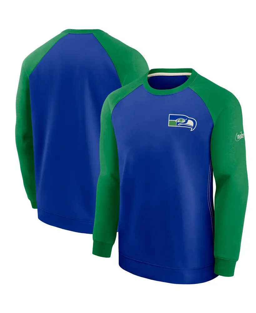 Men's Royal and Green Seattle Seahawks Historic Raglan Crew Performance Sweater