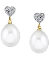 Cultured Freshwater Pearl (9mm) & Diamond (1/10 ct. t.w.) Heart Cluster Drop Earrings in 14k Gold