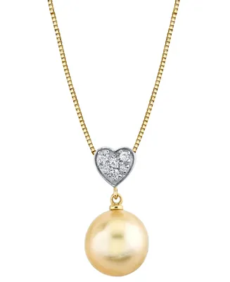 Cultured Golden South Sea Pearl (10mm) & Diamond Accent Heart 18" Pendant Necklace in 14k Gold