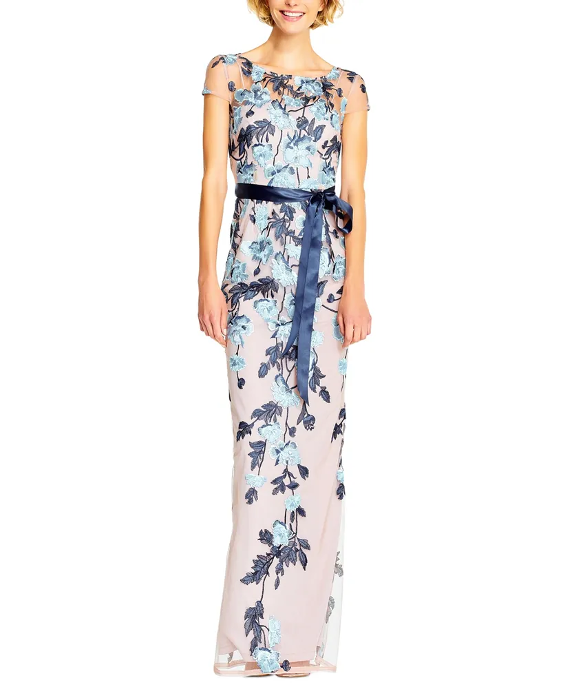 Adrianna Papell Floral-Embroidered Column Gown