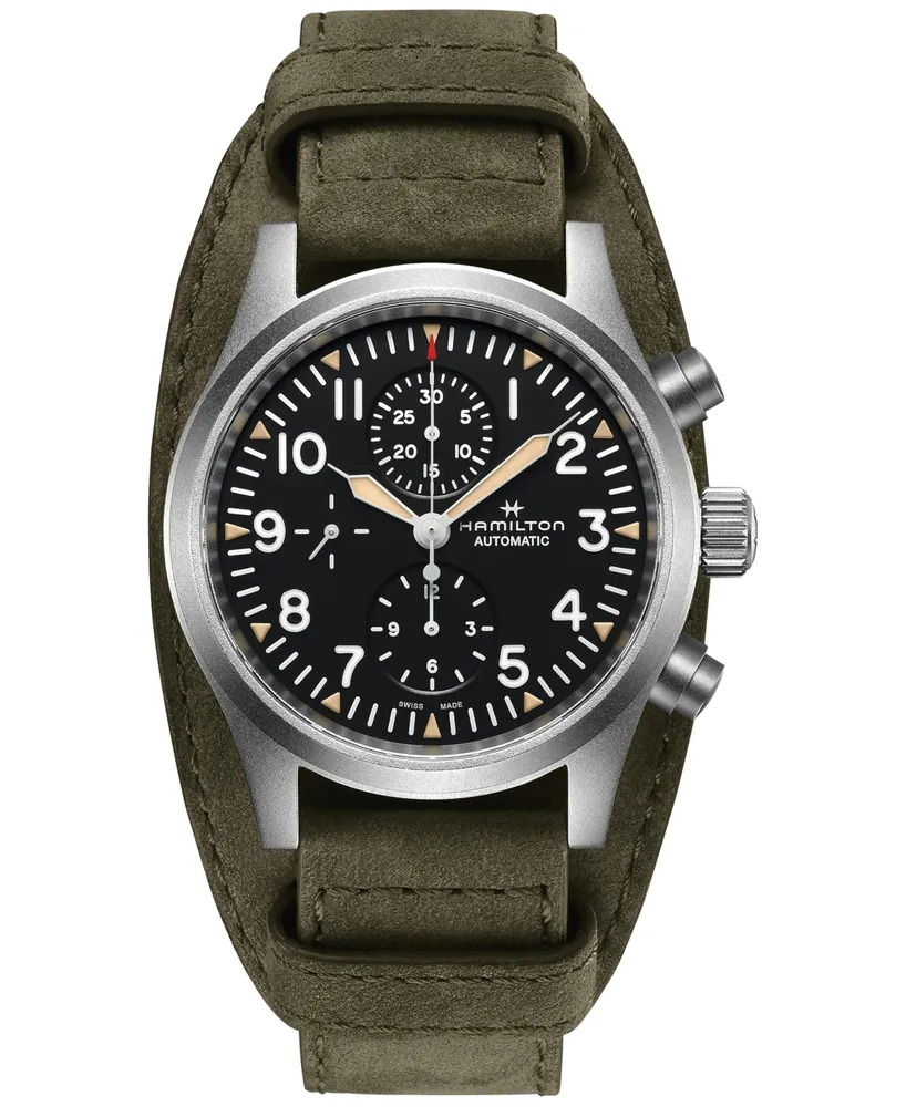 Hamilton Men's Khaki Field Automatic Chronograph Green Leather Strap Watch 44mm