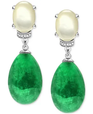 Dyed Green Jade, Mother-of-Pearl, & White Zircon (1/20 ct. t.w.) Drop Earrings in Sterling Silver