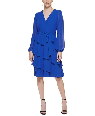 Jessica Howard Petite Blouson-Sleeve Tiered Chiffon Fit & Flare Dress