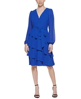 Jessica Howard Petite Blouson-Sleeve Tiered Chiffon Fit & Flare Dress