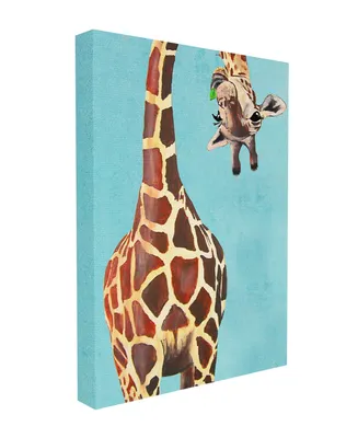 Stupell Industries Curious Upside Down Giraffe Chewing Leaves on Blue Background Stretched Canvas Wall Art, 16" x 20" - Multi