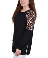 Petite Long Raglan Sleeve Tunic with Animal Print Insets Top