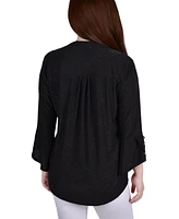 Petite 3/4 Sleeve Overlapped Bell Y-neck Top