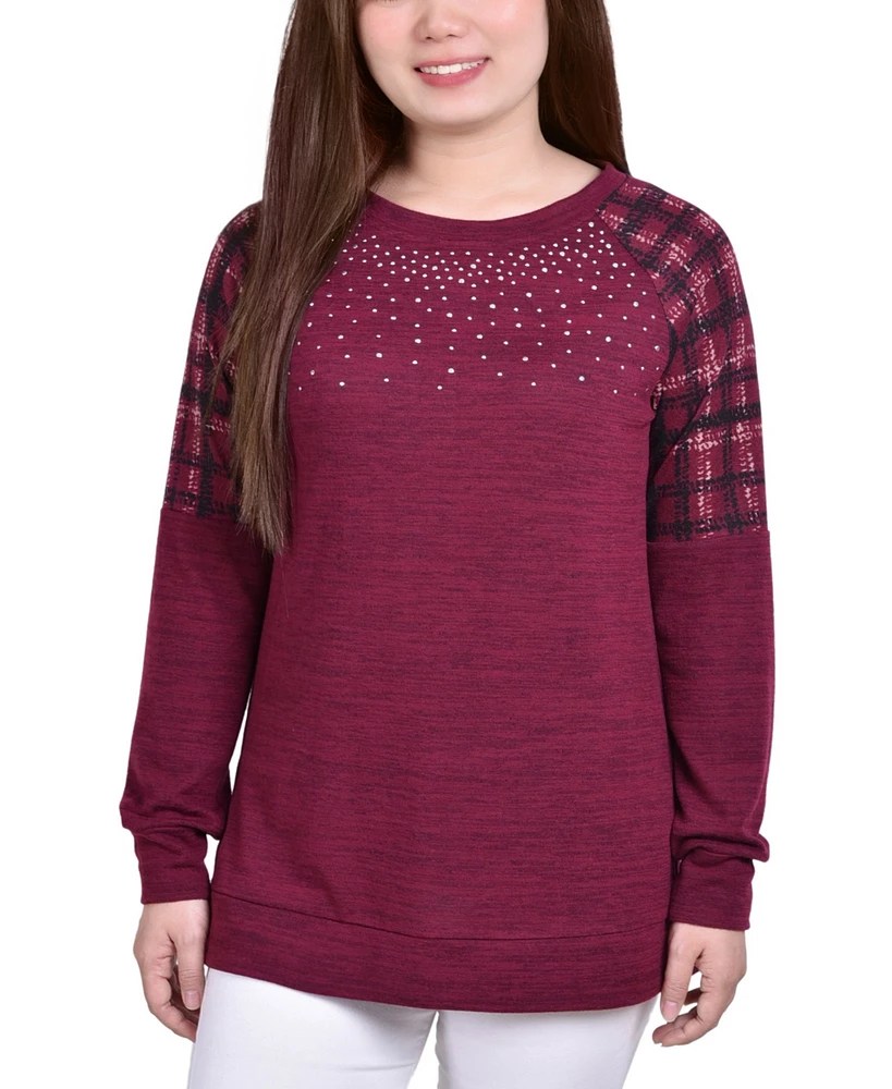 Women's Long Sleeve Knit Top with Print Shoulder Insets