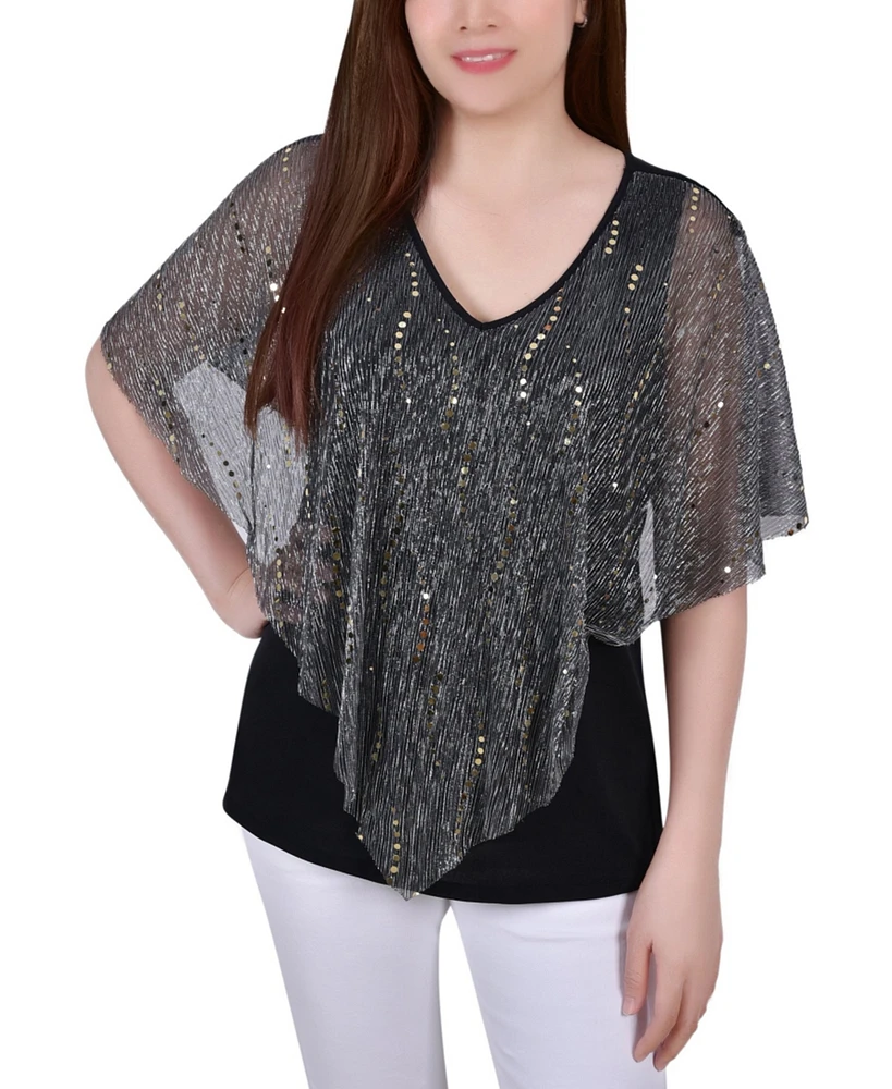 Women's Pleated Mesh Poncho with Foil Top