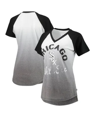 Women's Black and White Chicago Sox Shortstop Ombre Raglan V-Neck T-shirt
